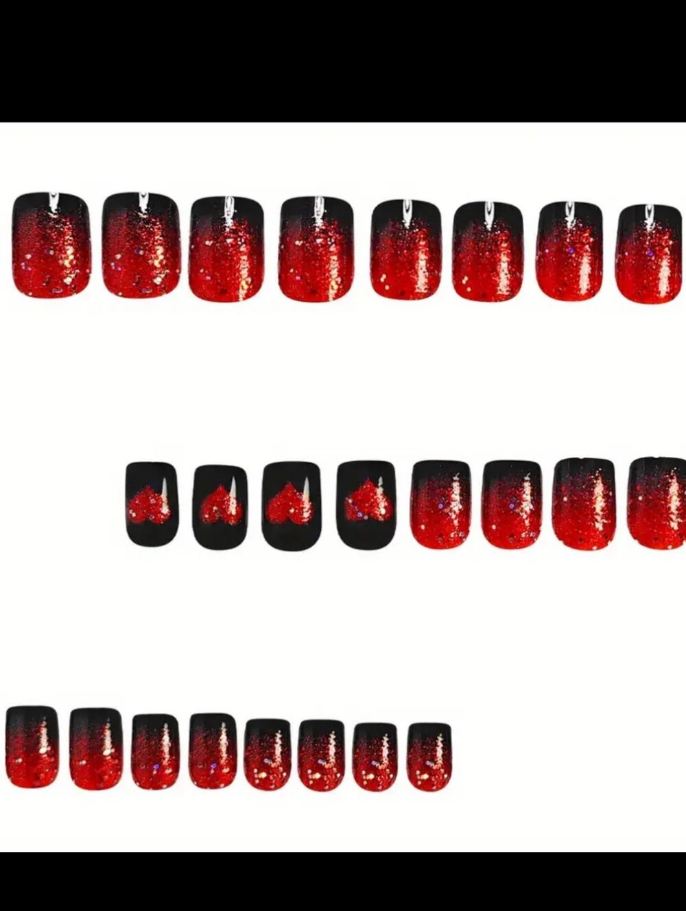 2/10🍀 24pcs Red Heart Loose Glitter Shimmer Press-On False Nails